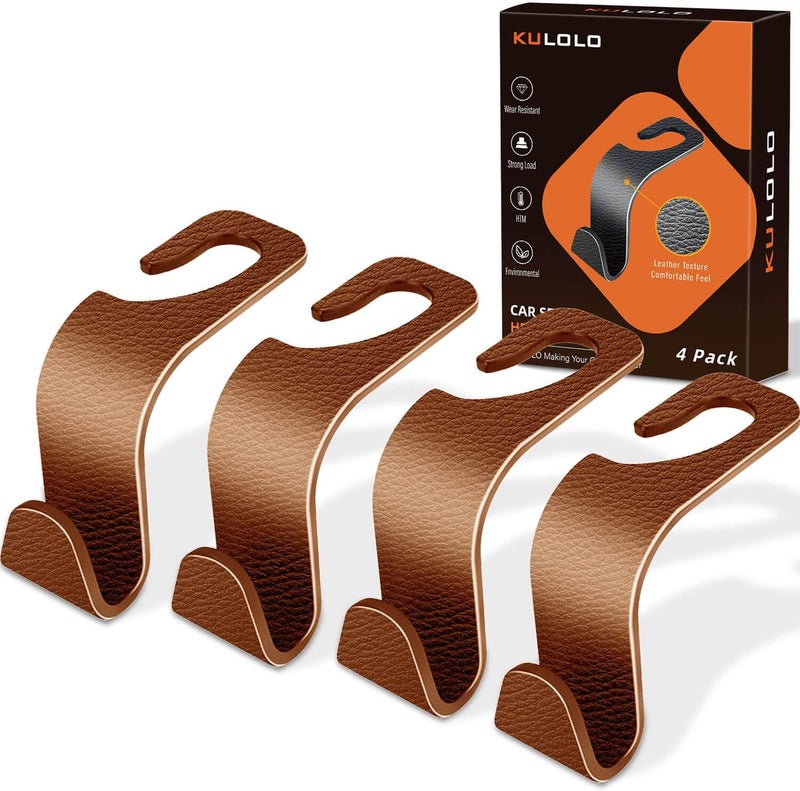 KULOLO Car Seat Hooks & Purse Holder - 4 Pack Boxed,55 lb Heavy Duty,Eco PP Car Hooks for Purse/Bag/Baby Gear/Gym Bag/Groceries/Cup/,Fits 0.32-0.55”Car Headrest Rods (Brown-2) - Image 1